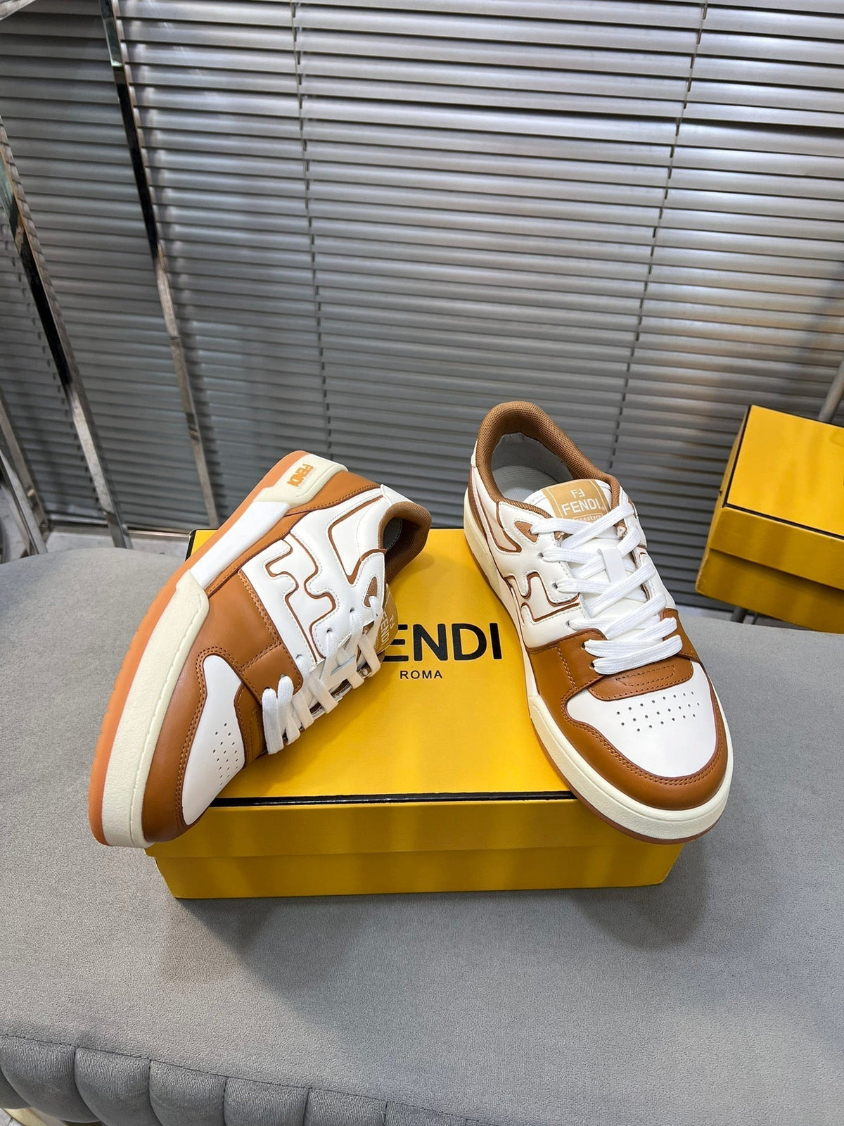 FENDI MATCH LOW TOPS IN RUSSET BROWN MIX WHITE CALFSKIN AND MESH