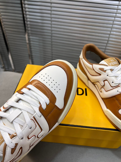 FENDI MATCH LOW TOPS IN RUSSET BROWN MIX WHITE CALFSKIN AND MESH