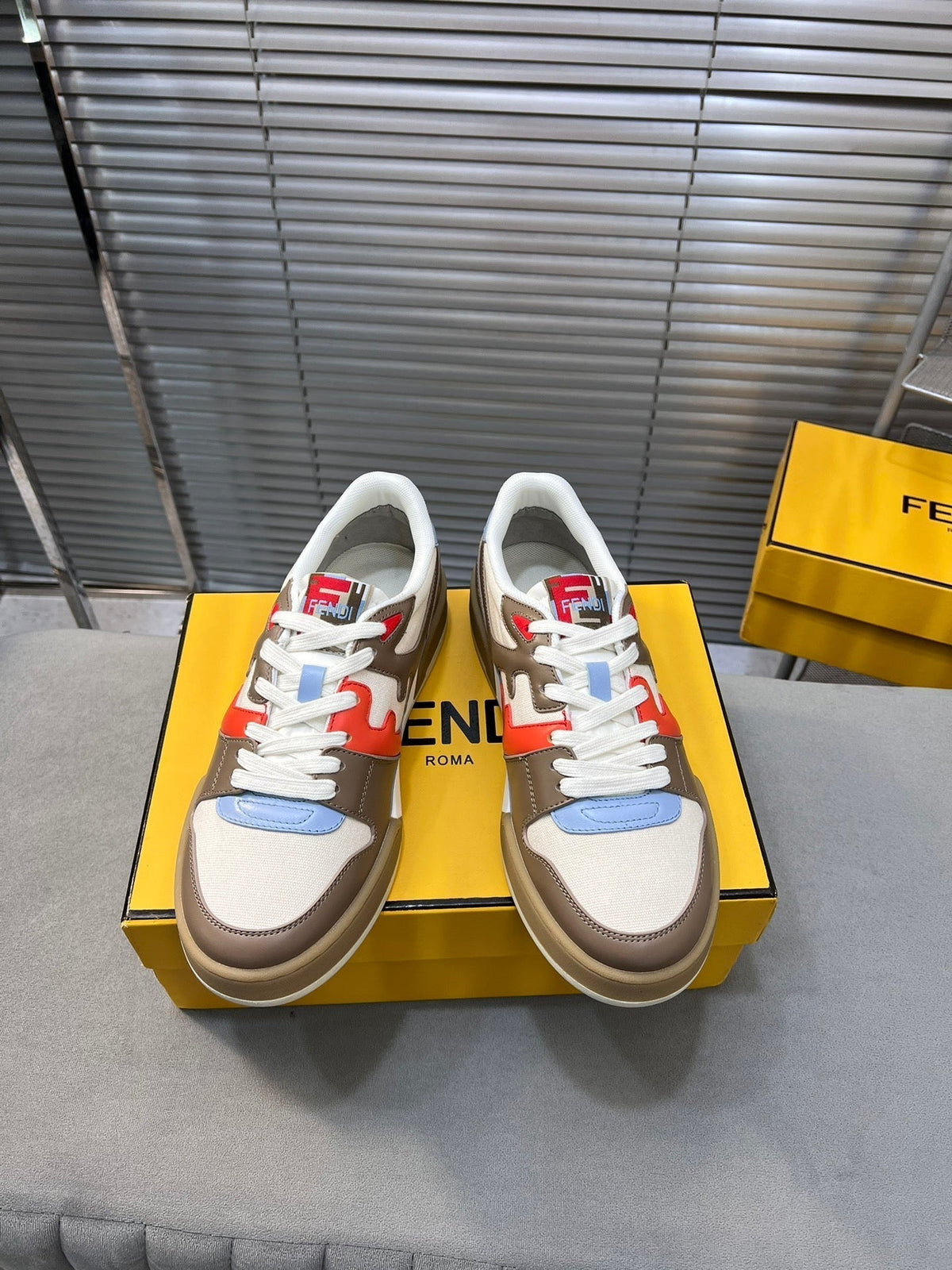 FENDI MATCH LOW TOPS IN COFFEE BROWN MIX WHITE CALFSKIN AND MESH