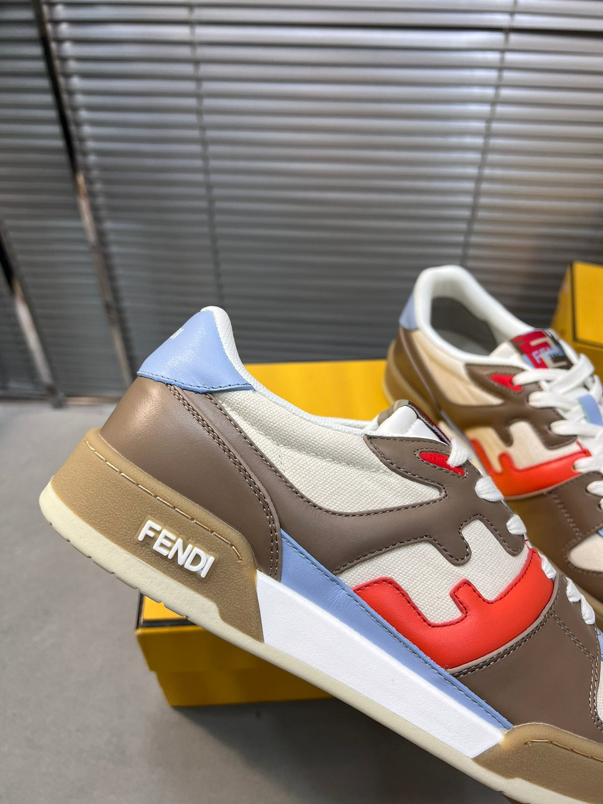 FENDI MATCH LOW TOPS IN COFFEE BROWN MIX WHITE CALFSKIN AND MESH