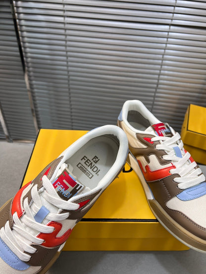 FENDI MATCH LOW TOPS IN COFFEE BROWN MIX WHITE CALFSKIN AND MESH