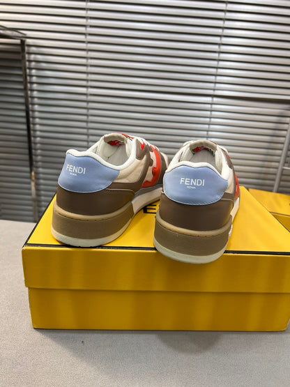 FENDI MATCH LOW TOPS IN COFFEE BROWN MIX WHITE CALFSKIN AND MESH