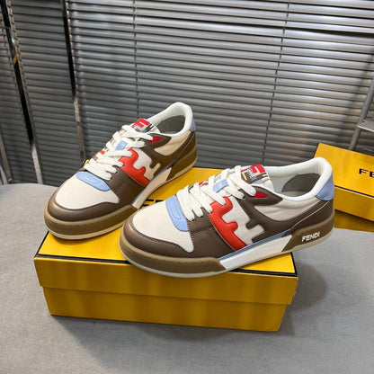 FENDI MATCH LOW TOPS IN COFFEE BROWN MIX WHITE CALFSKIN AND MESH