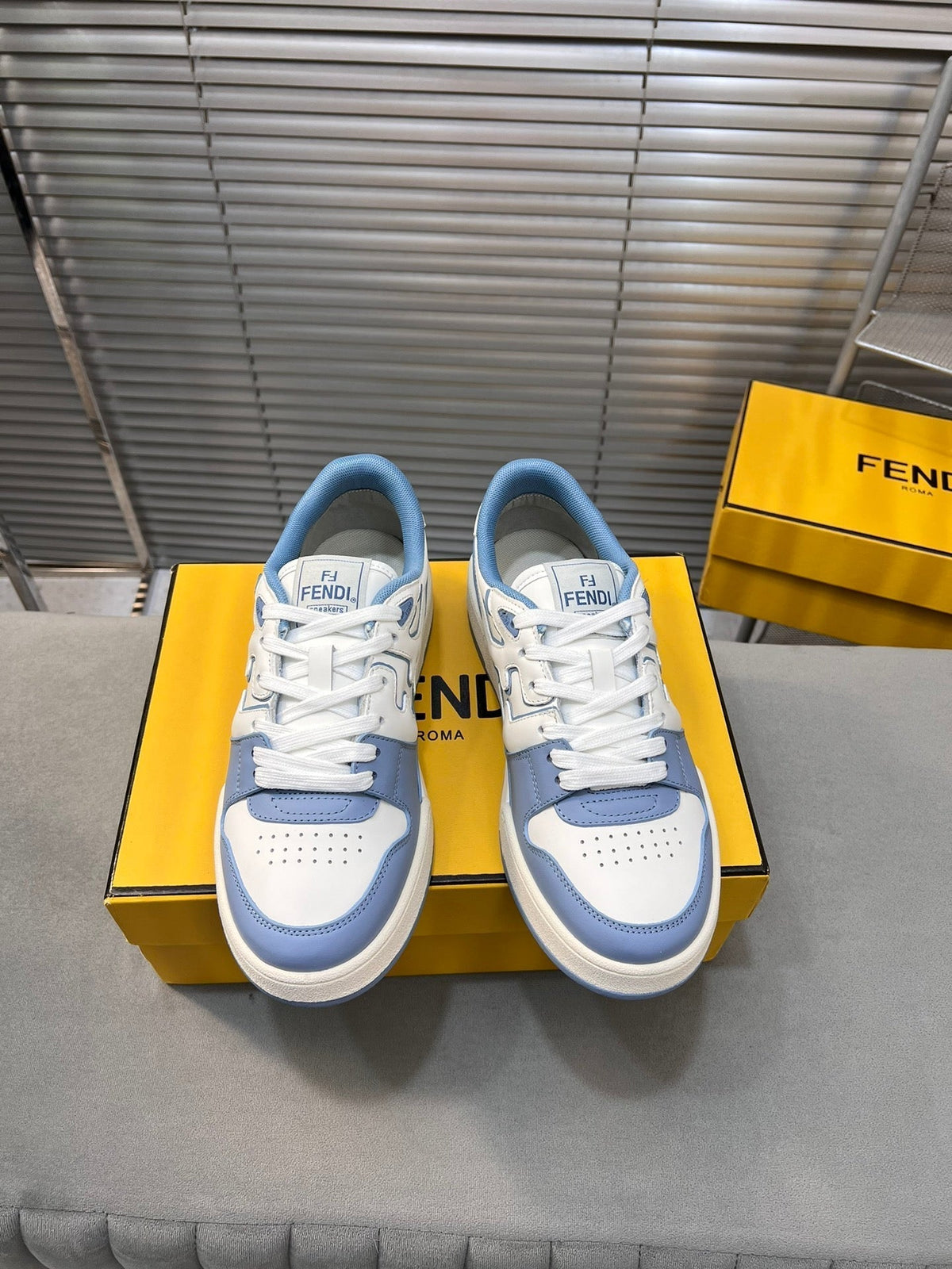 FENDI MATCH LOW TOPS IN CERULEAN BLUE MIX WHITE CALFSKIN AND MESH