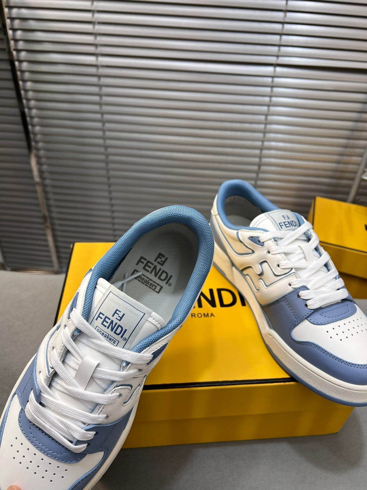 FENDI MATCH LOW TOPS IN CERULEAN BLUE MIX WHITE CALFSKIN AND MESH