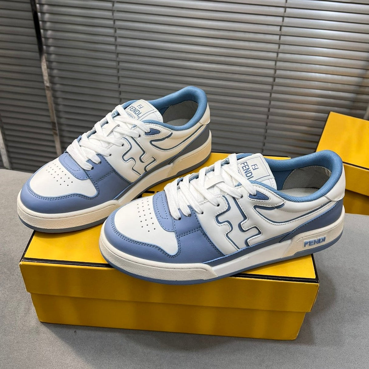 FENDI MATCH LOW TOPS IN CERULEAN BLUE MIX WHITE CALFSKIN AND MESH