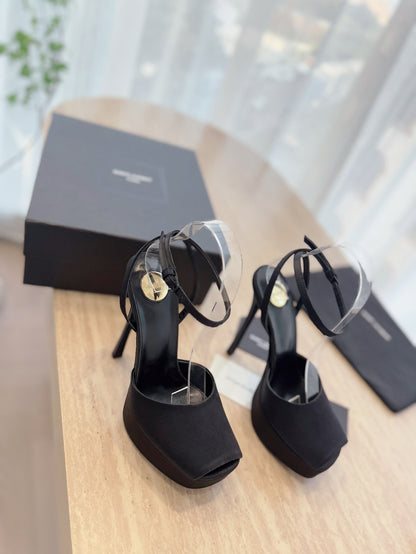 LA SCANDALE HIGH 14 CM PLATFORM SANDALS IN BLACK SATIN CREPE