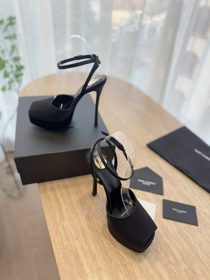 LA SCANDALE HIGH 14 CM PLATFORM SANDALS IN BLACK SATIN CREPE