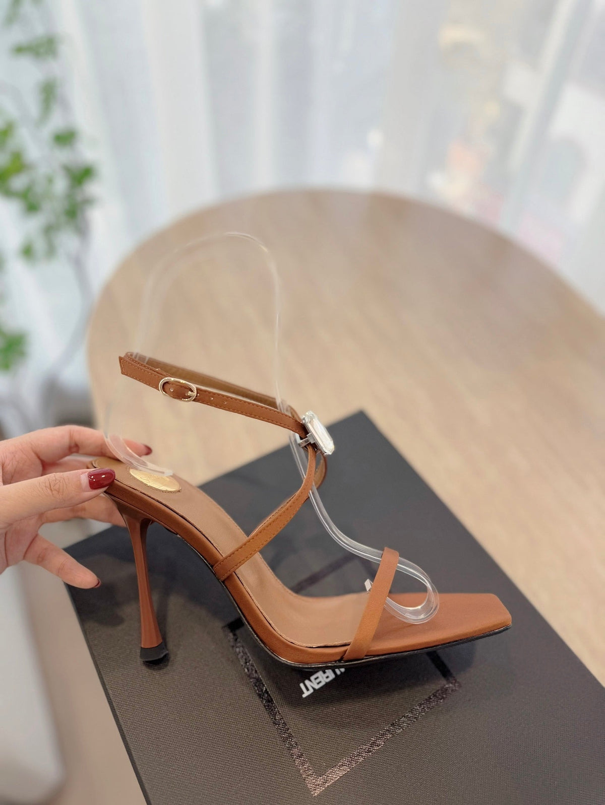 HIGH HEEL SANDAL 10 CM IN BRONZE BROWN SATIN CREPE AND CRYSTAL