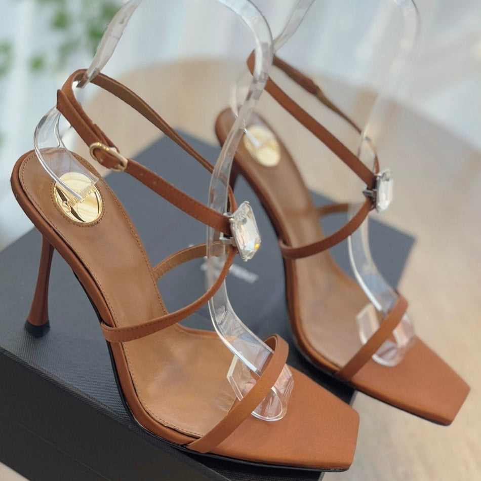 HIGH HEEL SANDAL 10 CM IN BRONZE BROWN SATIN CREPE AND CRYSTAL