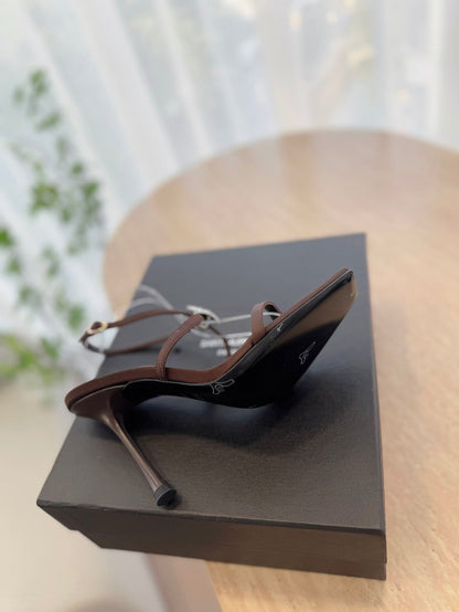 HIGH HEEL SANDAL 10 CM IN CHOCOLATE BROWN SATIN CREPE AND CRYSTAL