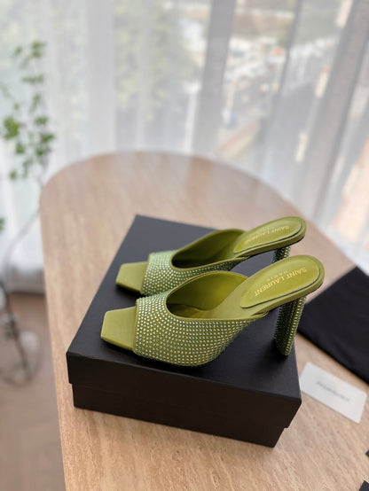 HIGH HEEL BLONDE MULE 10 CM IN OLIVE GREEN SATIN WITH RHINESTONES