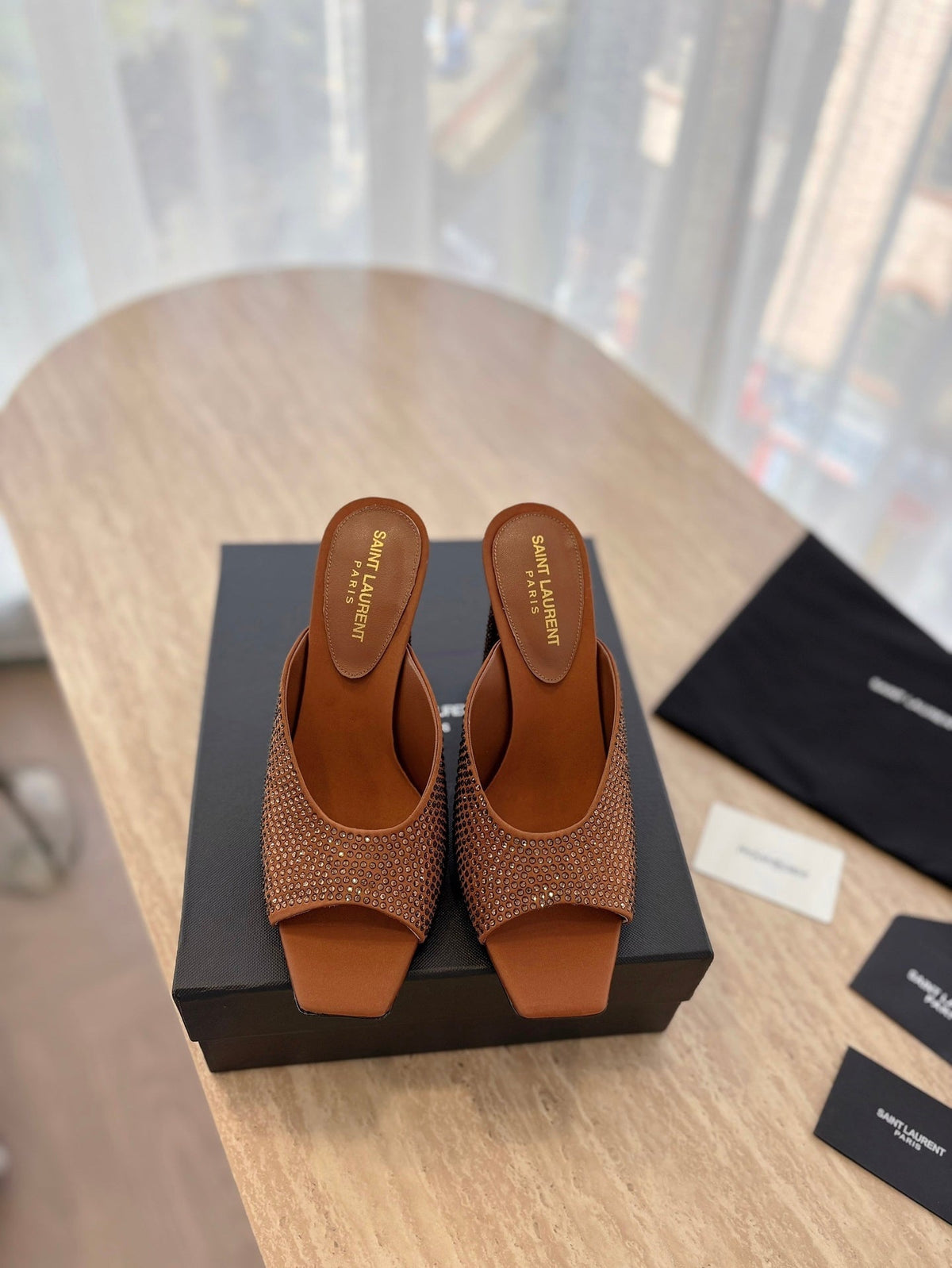 HIGH HEEL BLONDE MULE 10 CM IN BRONZE BROWN SATIN WITH RHINESTONES