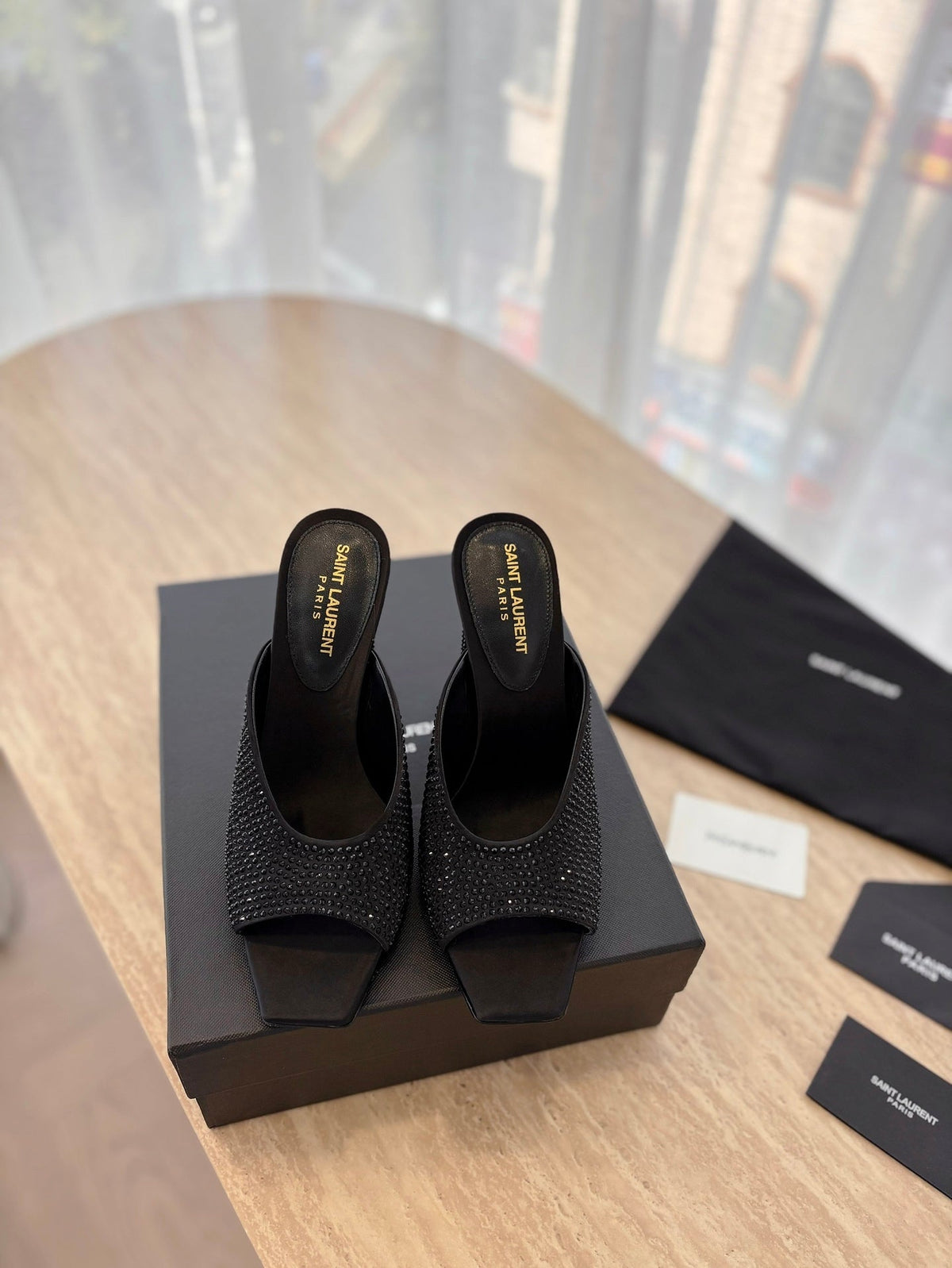 HIGH HEEL BLONDE MULE 10 CM IN BLACK SATIN WITH RHINESTONES