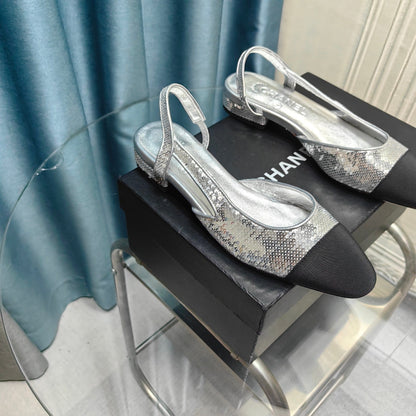 SLINGBACKS IN GLITTER SILVER LAMBSKIN