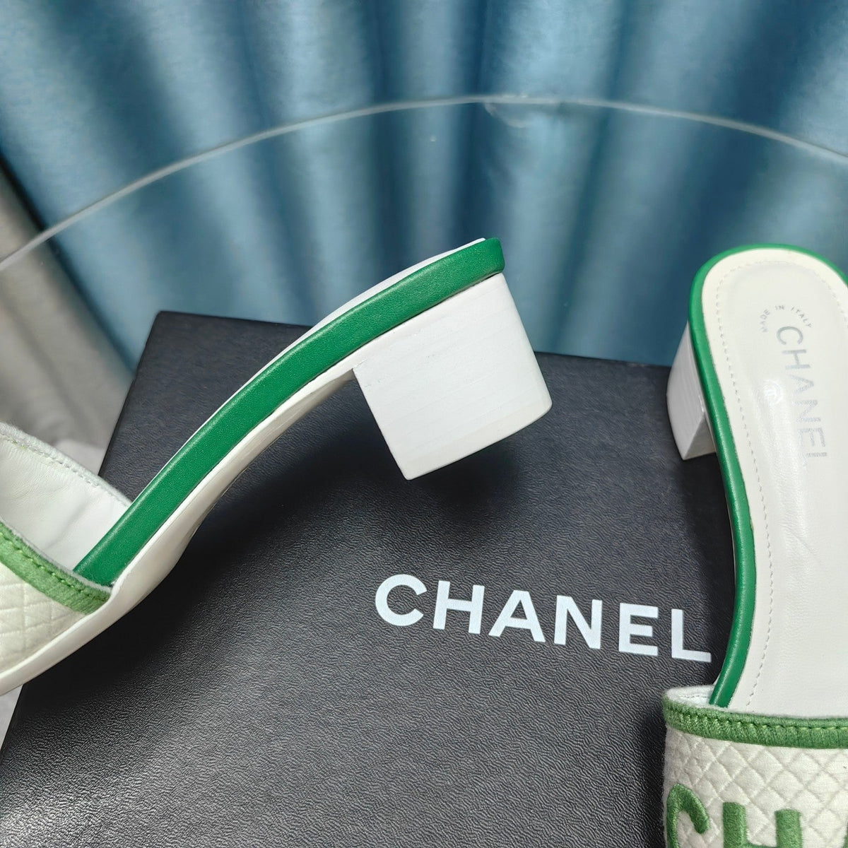 MULE SANDAL 45 WHITE MIX LIGHT GREEN FABRIC EMBROIDERY