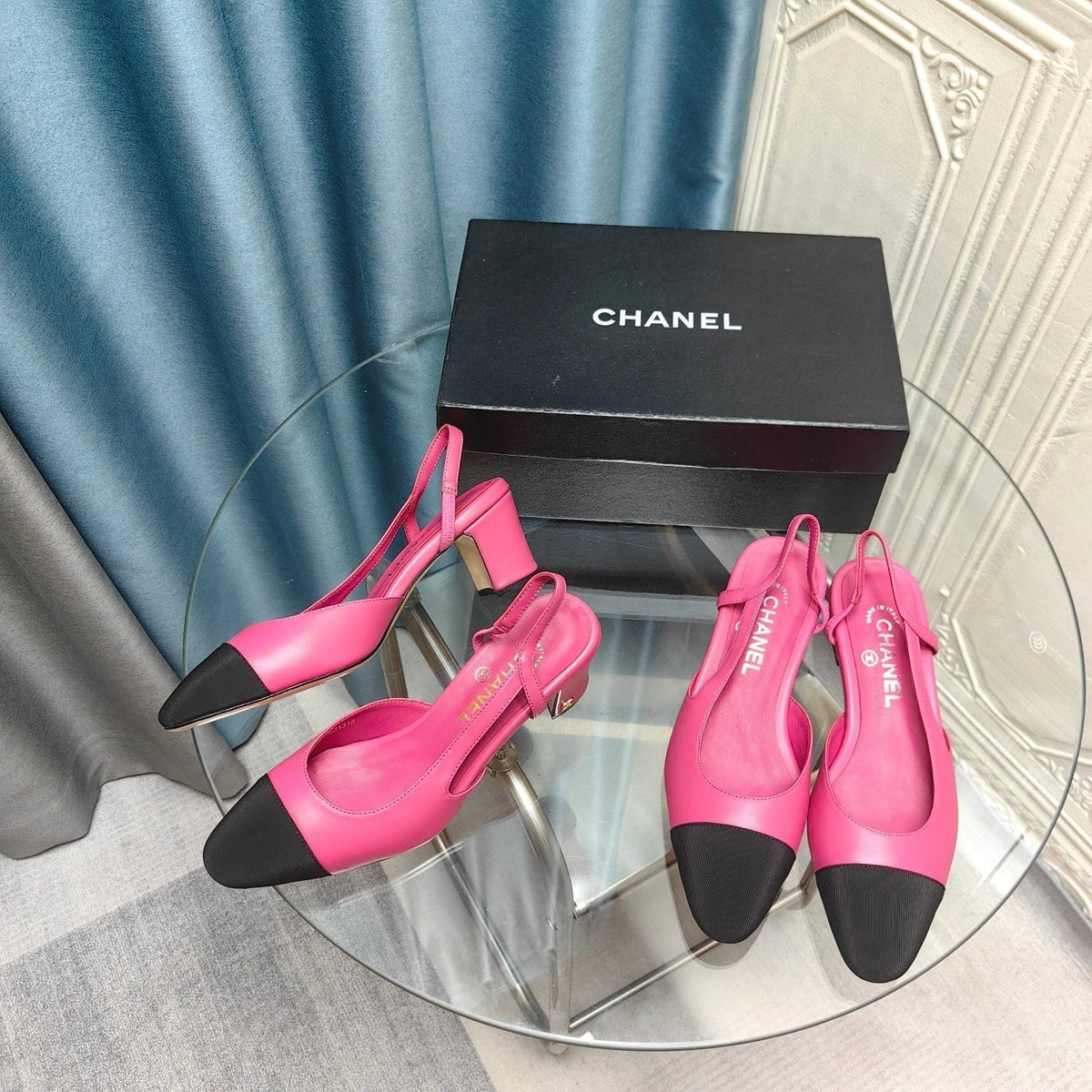 HIGH SLINGBACKS IN BARBIE PINK MIX BLACK LAMBSKIN