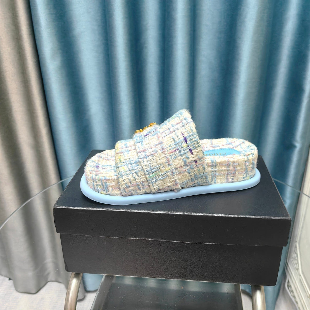 PLATFORM HEELS SANDALS IN LIGHT BLUE TWEED