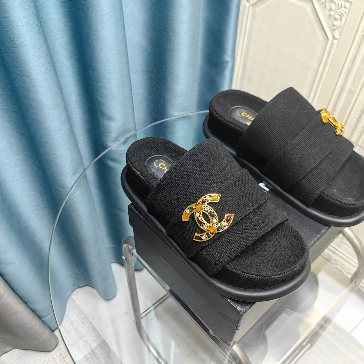PLATFORM HEELS SANDALS IN BLACK WOOLEN FABRIC