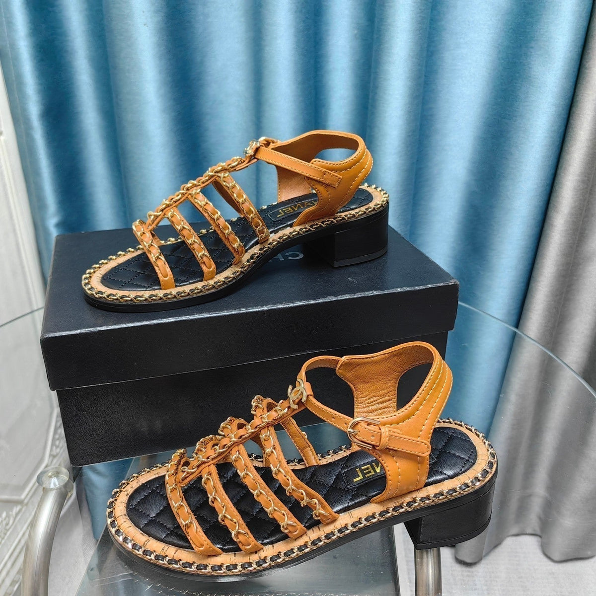 HIGH SANDALS WITH THREE STRAPS IN OCHRE YELLOW CALFSKIN