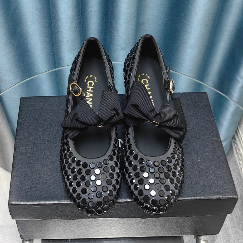 HIGH MARY JANE BOW RHINESTONE BLACK SILK