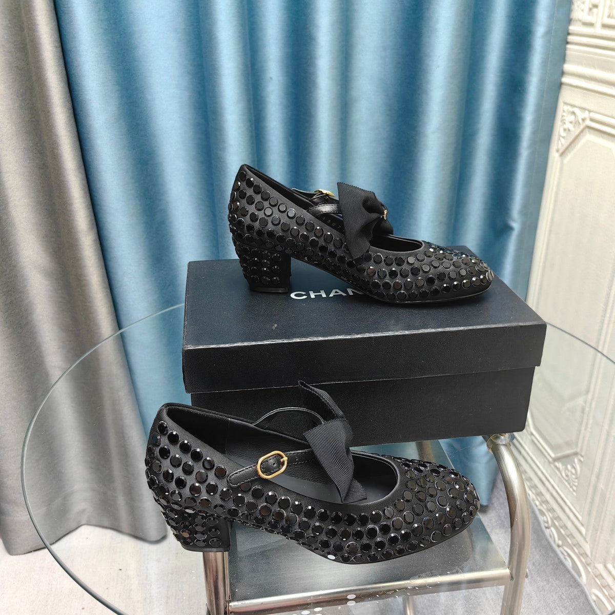 HIGH MARY JANE BOW RHINESTONE BLACK SILK