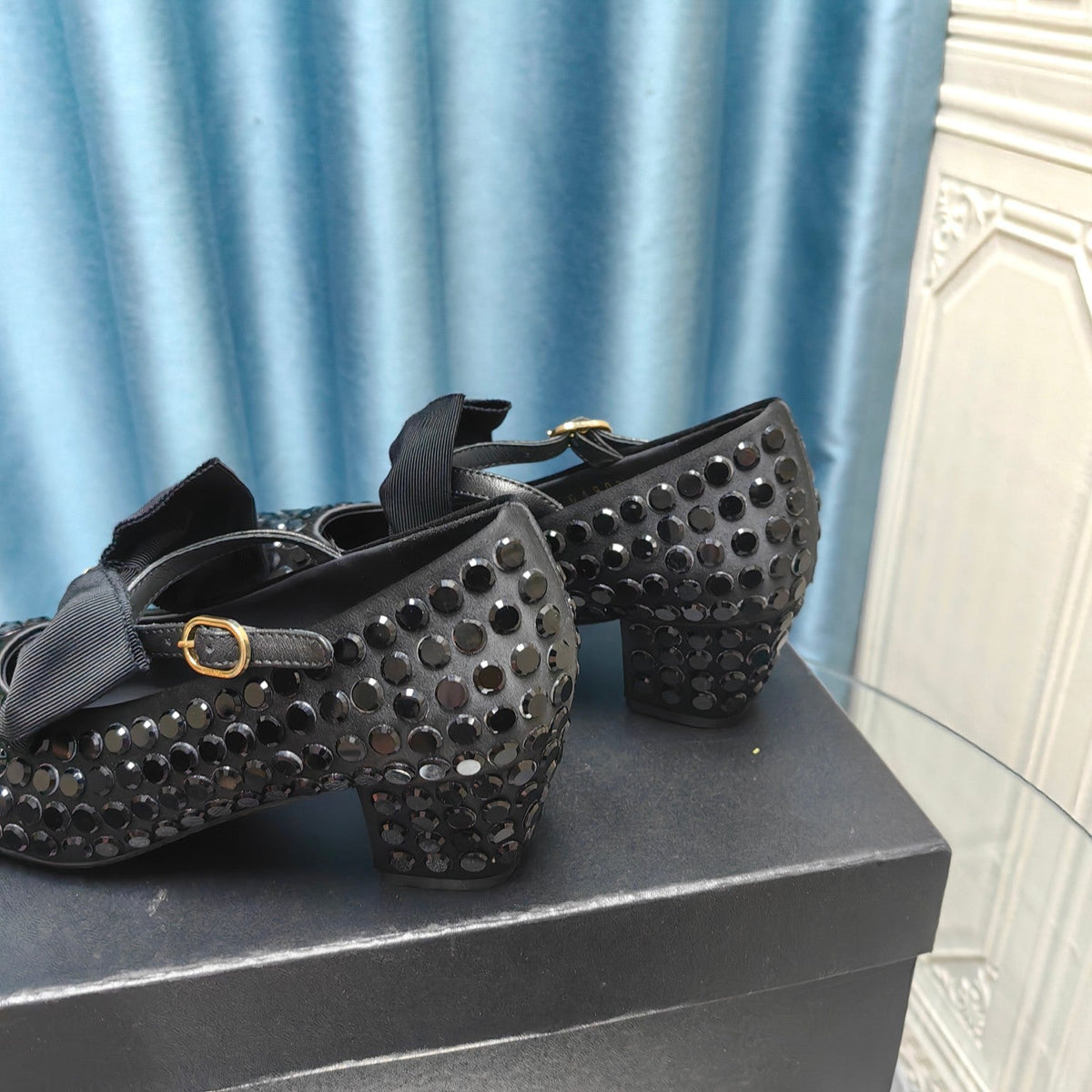 HIGH MARY JANE BOW RHINESTONE BLACK SILK