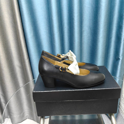 HIGH MARY JANE SHOES BLACK SHEEPSKIN WITH WHITE BOW