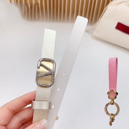 Gold Vlogo and Silver Hardware Buckle Gold White Calfskin 20mm