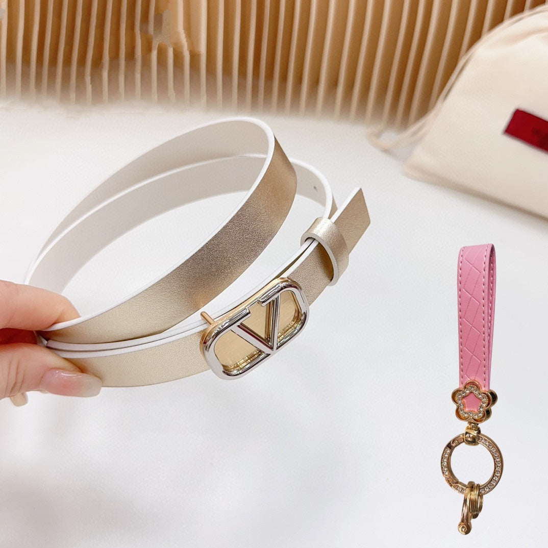 Gold Vlogo and Silver Hardware Buckle Gold White Calfskin 20mm