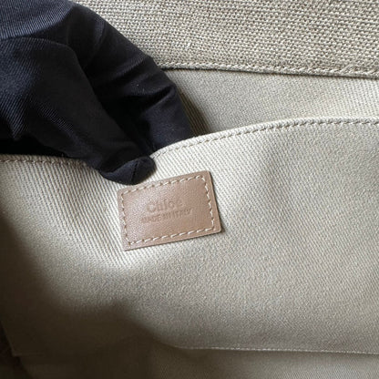 MEDIUM WOODY TOTE BAG 37 IN BEIGE LINEN CANVAS LIGHT PINK WEBBING LOGO EMBROIDERY