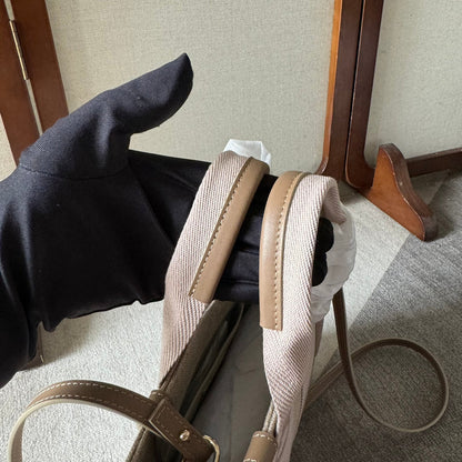 SMALL WOODY TOTE BAG 26.5 IN BEIGE LINEN CANVAS LIGHT PINK WEBBING LOGO EMBROIDERY