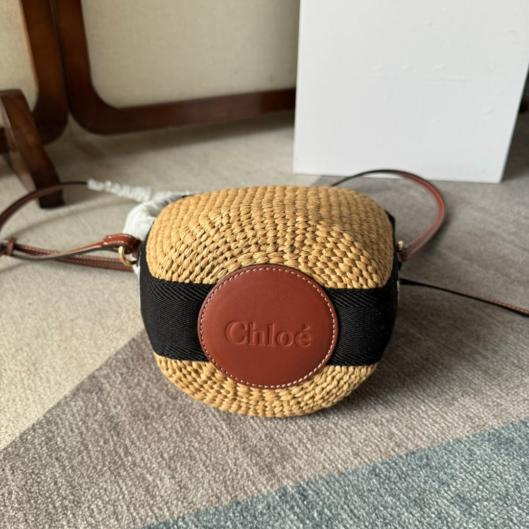 SMALL WOODY BASKET 17 IN NATURAL FIBERS BLACK WEBBING BROWN CALFSKIN