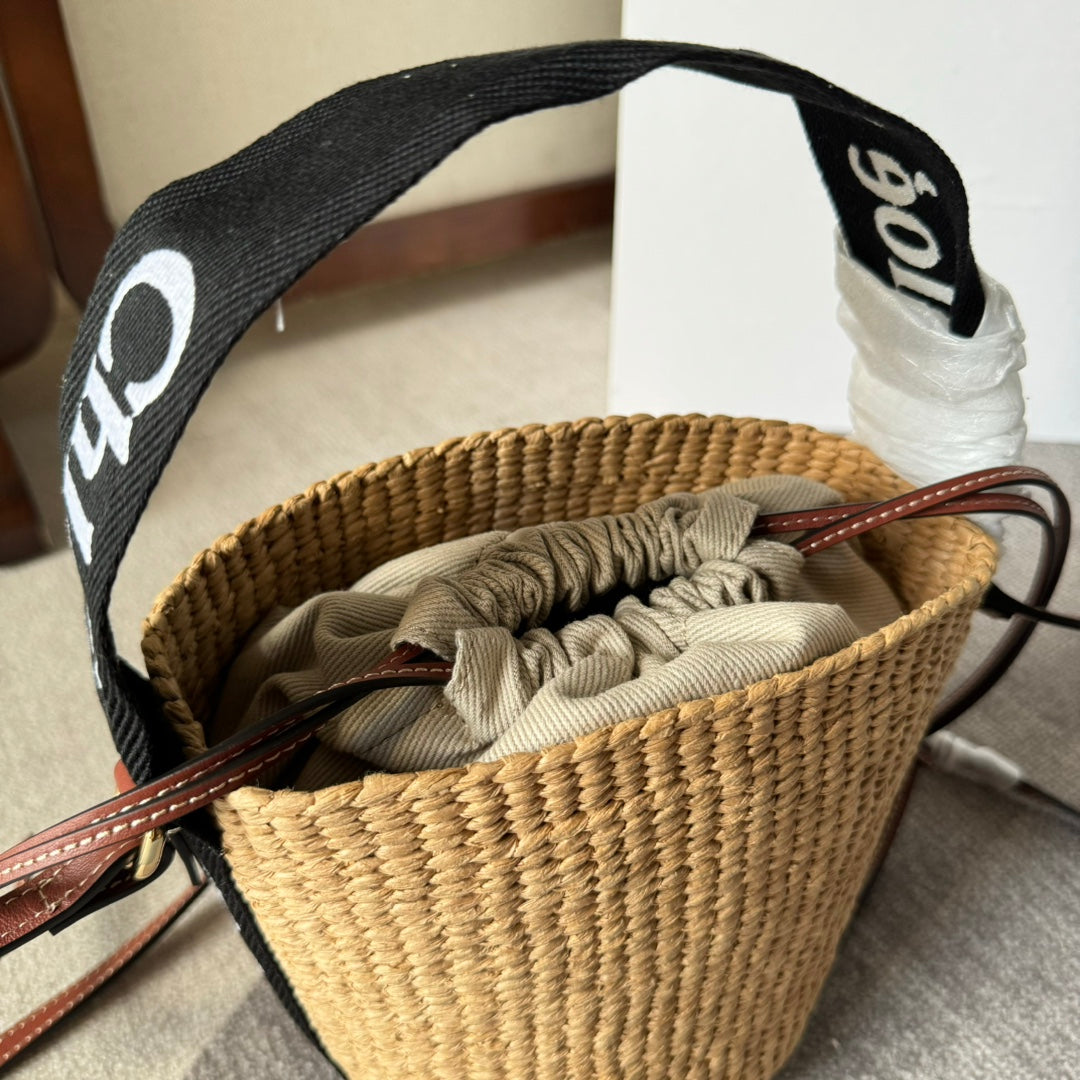 SMALL WOODY BASKET 17 IN NATURAL FIBERS BLACK WEBBING BROWN CALFSKIN