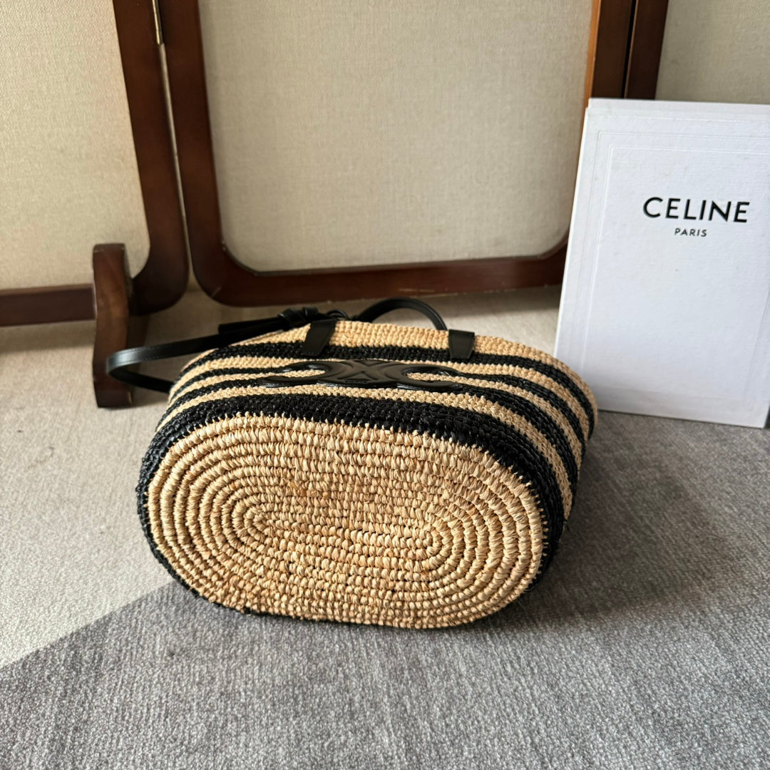 STRIPED COUFFIN CLASSIC PANIER 22 IN BEIGE AND BLACK RAFFIA AND CALFSKIN TRIM