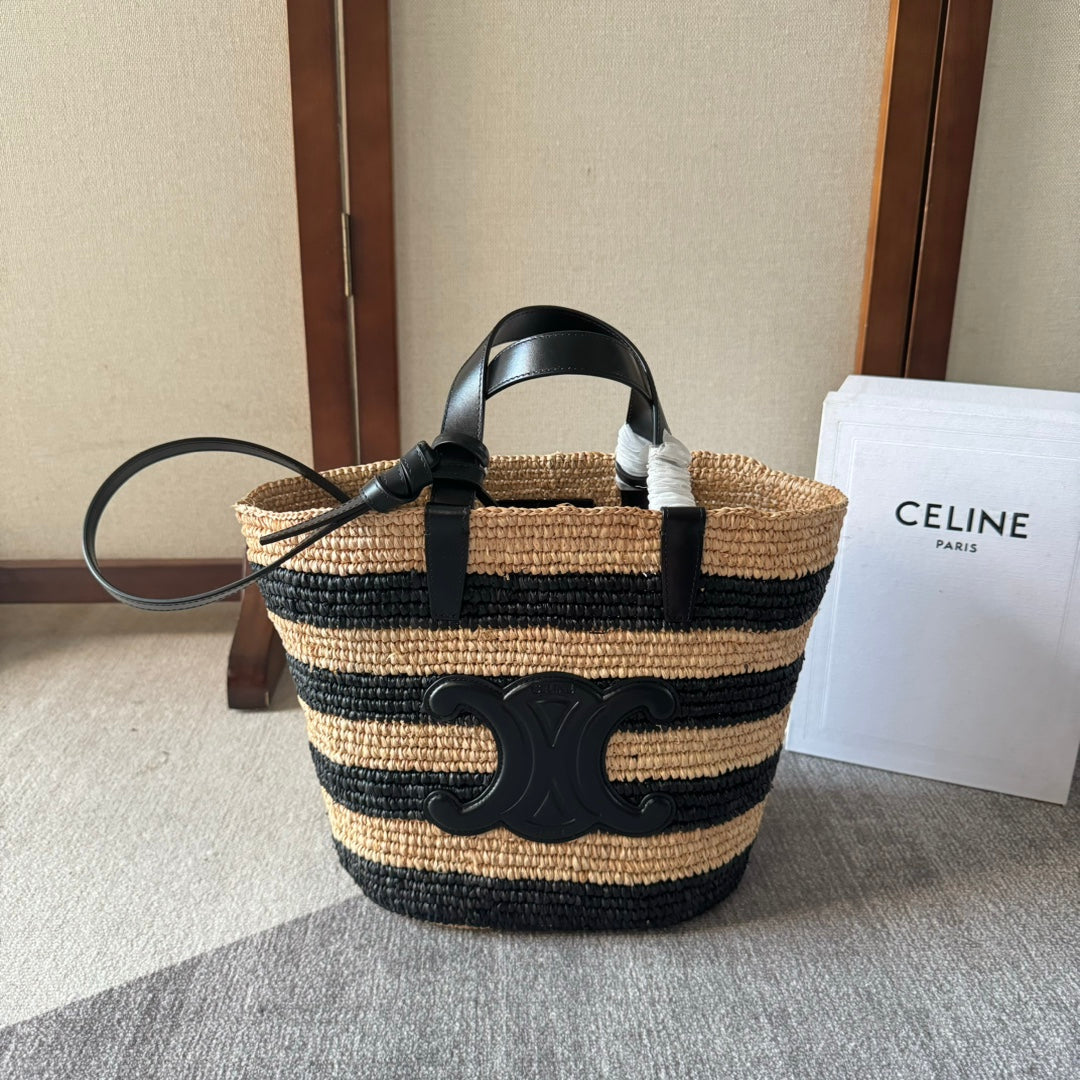 STRIPED COUFFIN CLASSIC PANIER 22 IN BEIGE AND BLACK RAFFIA AND CALFSKIN TRIM