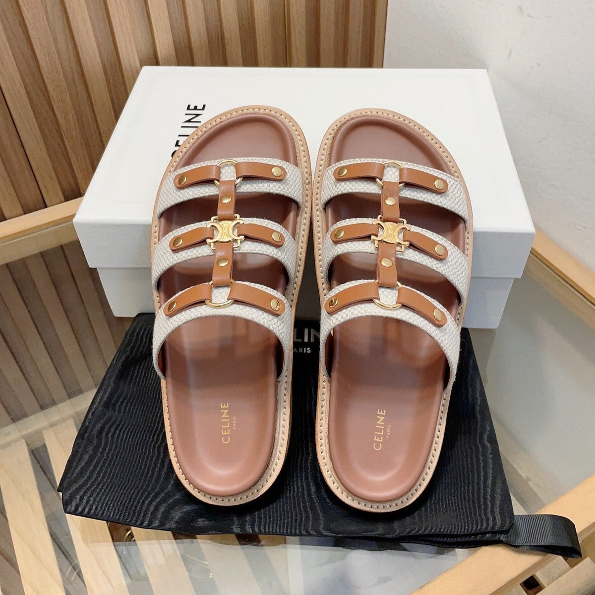 TIPPI SLIDE IN CANVAS & CALFSKIN NATURAL WHITE / TAN