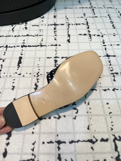 GG SLIDE SANDAL WITH GUCCI SCRIPT BLACK DENIM