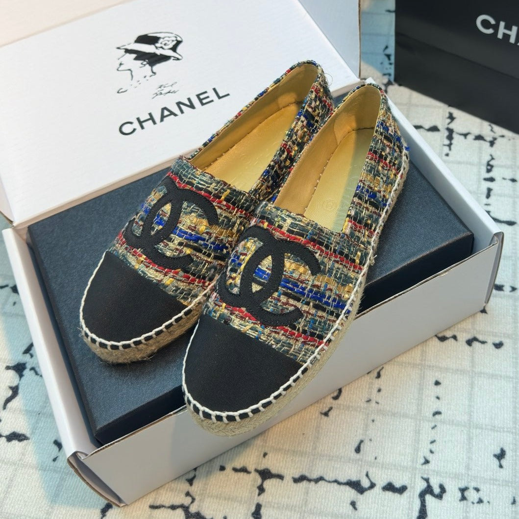 ESPADRILLES LOAFERS IN MULTICOLOR TWEED AND BLACK SATIN