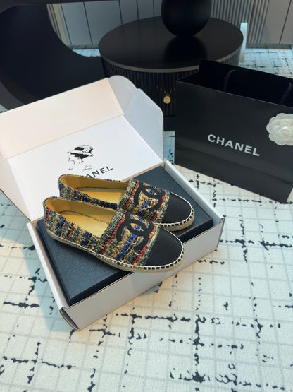 ESPADRILLES LOAFERS IN MULTICOLOR TWEED AND BLACK SATIN