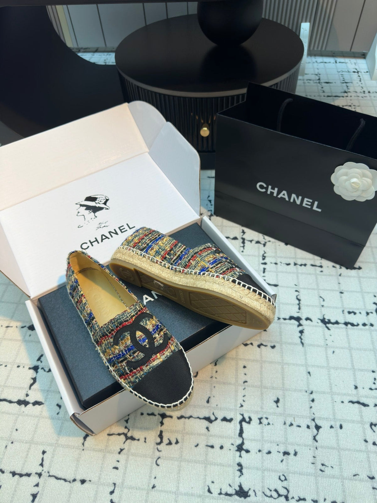 ESPADRILLES LOAFERS IN MULTICOLOR TWEED AND BLACK SATIN