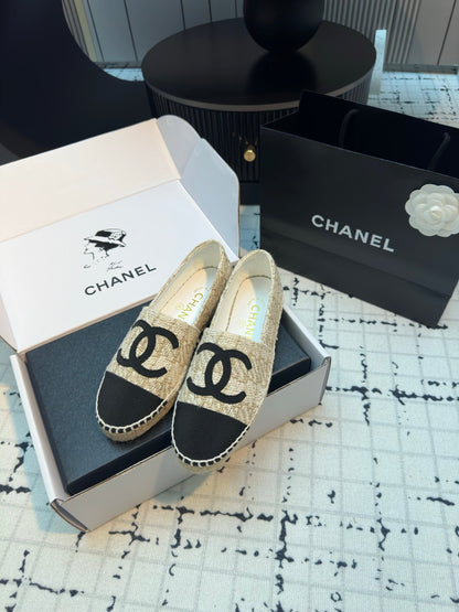 ESPADRILLES LOAFERS IN BEIGE TWEED AND BLACK SATIN
