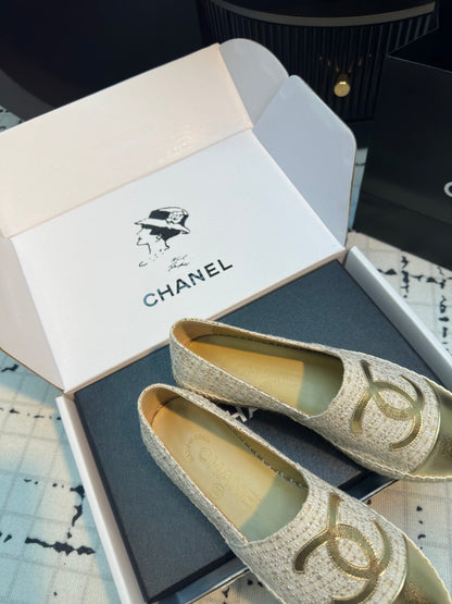 ESPADRILLES LOAFERS IN BEIGE TWEED AND GOLDEN LAMBSKIN