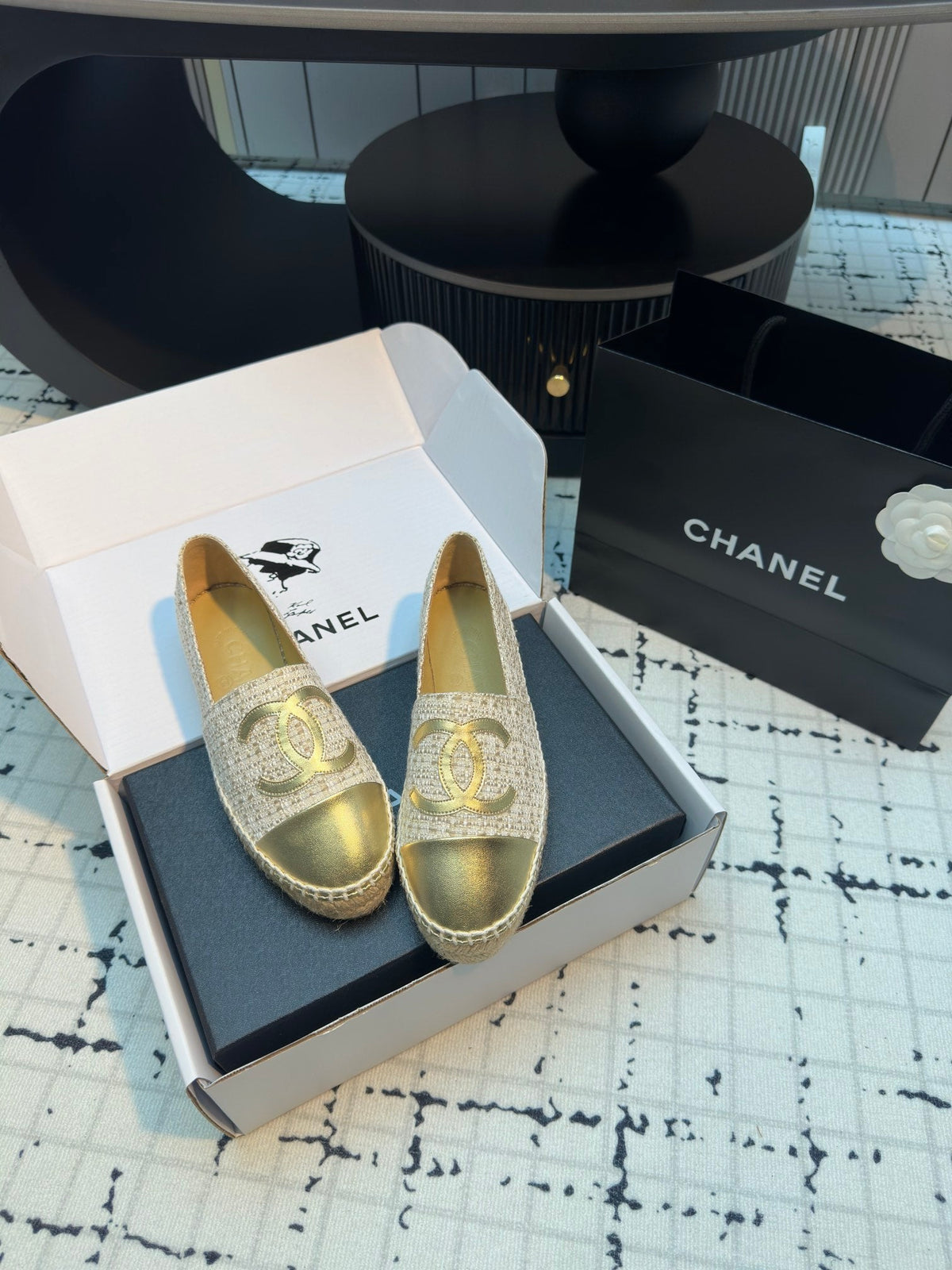 ESPADRILLES LOAFERS IN BEIGE TWEED AND GOLDEN LAMBSKIN