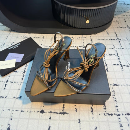 HIGH HEEL SANDALS WITH SHINY RHINESTONES STRAP IN GOLDEN BROWN SILK
