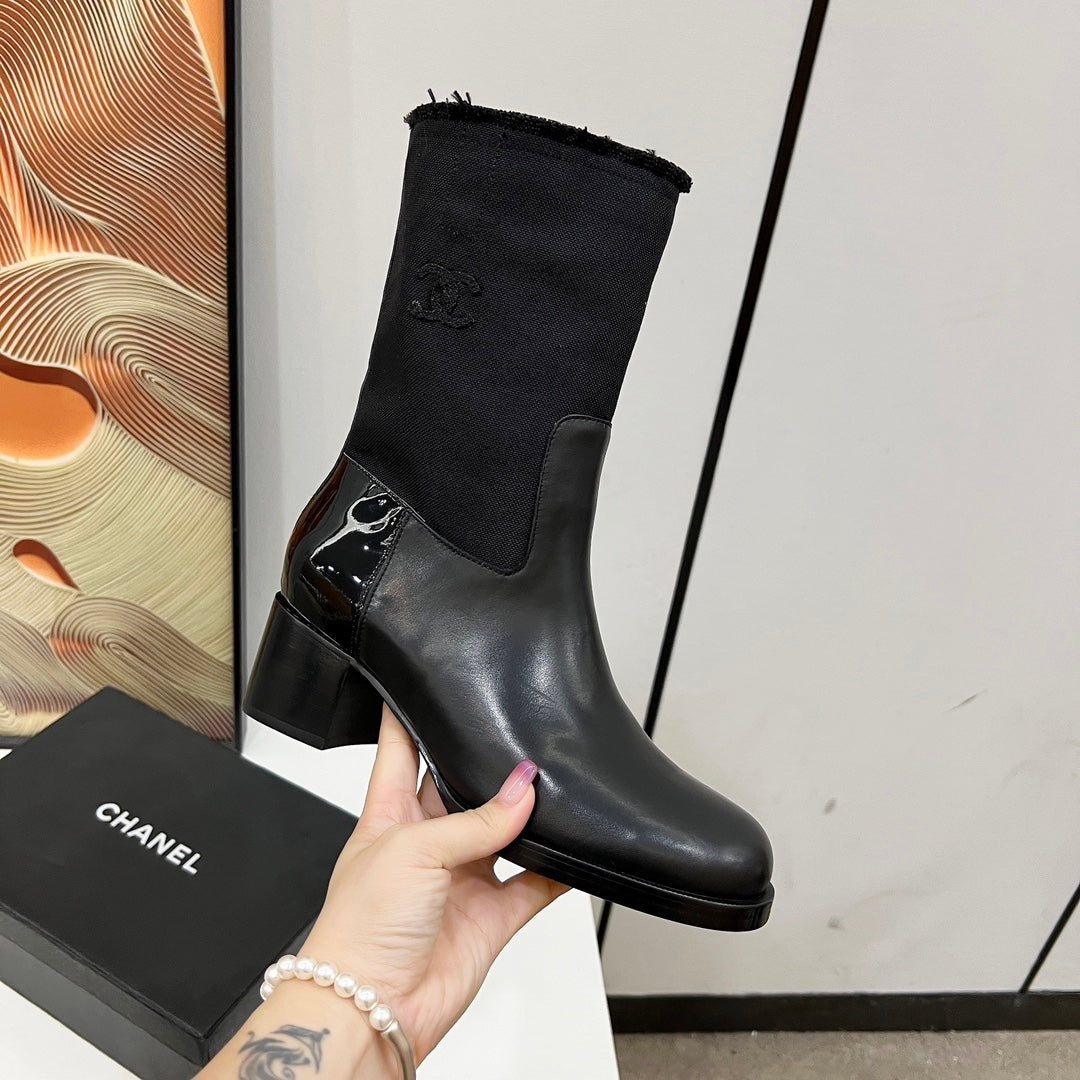 HIGH BOOTS 5.5 CM IN BLACK LAMBSKIN AND FABRIC