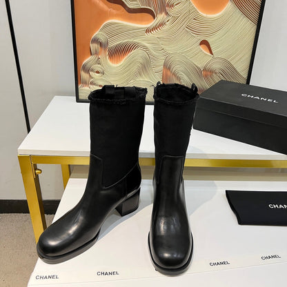 HIGH BOOTS 5.5 CM IN BLACK LAMBSKIN AND FABRIC