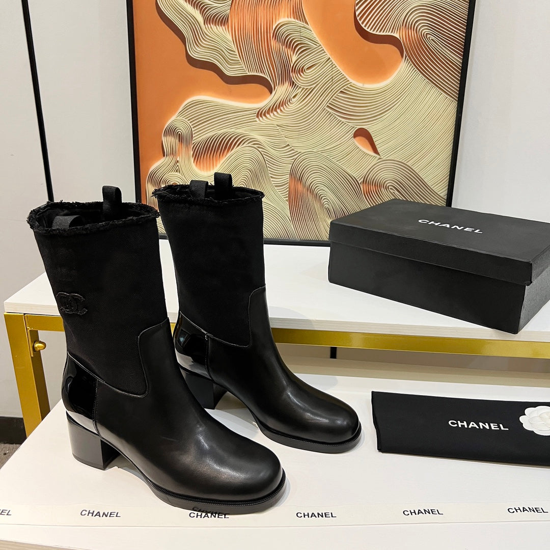 HIGH BOOTS 5.5 CM IN BLACK LAMBSKIN AND FABRIC