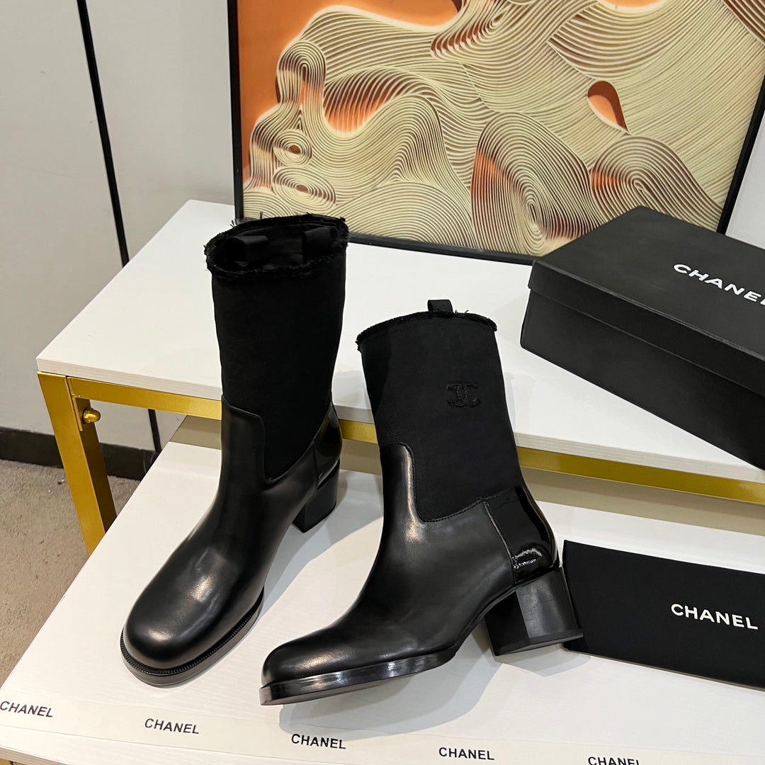 HIGH BOOTS 5.5 CM IN BLACK LAMBSKIN AND FABRIC