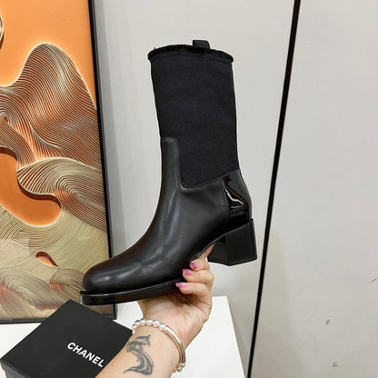 HIGH BOOTS 5.5 CM IN BLACK LAMBSKIN AND FABRIC